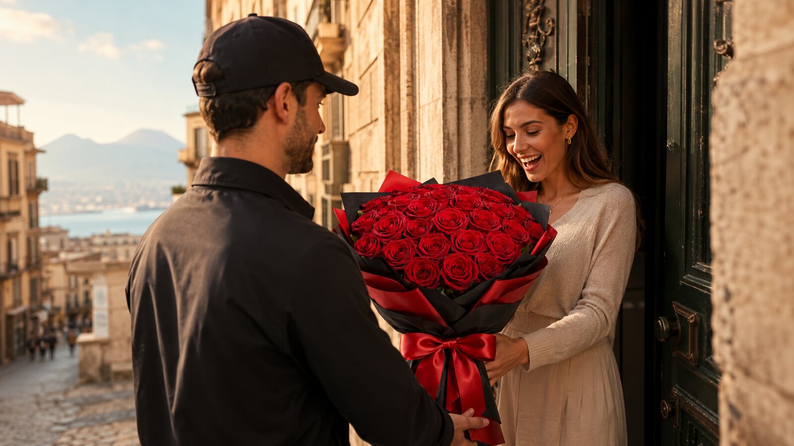 Consegna a domicilio di un fascio di rose rosse a Napoli, con il golfo e il Vesuvio sullo sfondo
